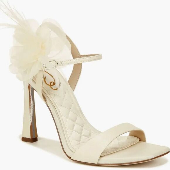 SAM EDELMAN 8.5Leana Ankle Strap Sandal Feathered Floral square toe Slip on Heel - Picture 6 of 8